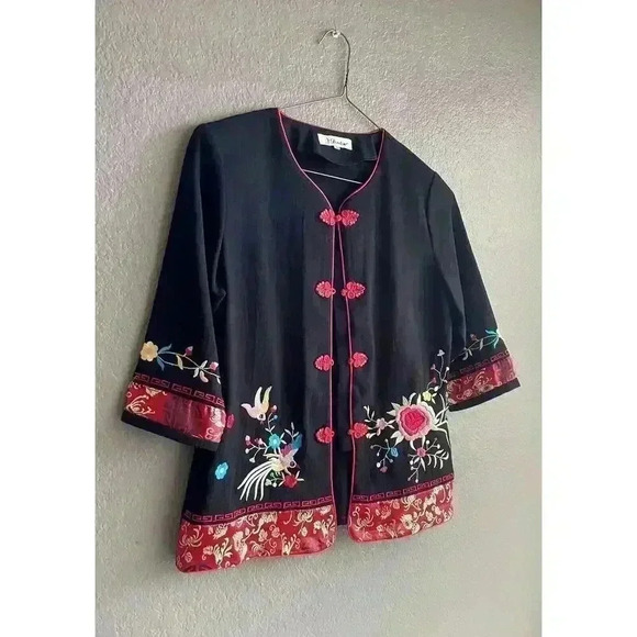 Vintage Dindin Embroidered Asian Black Floral Shacket Jacket Size M - Picture 3 of 7